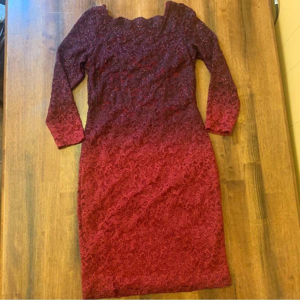 Onyx Nite NWT Dress 4 Ombré Red Sequin Sheath Lace Overlay Scalloped Neckline